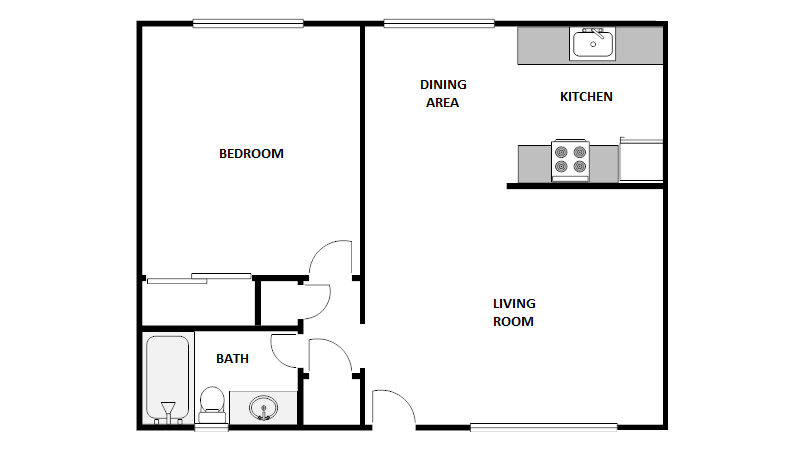 Floor plan for 1 bed, 1 bath, 600 sqft